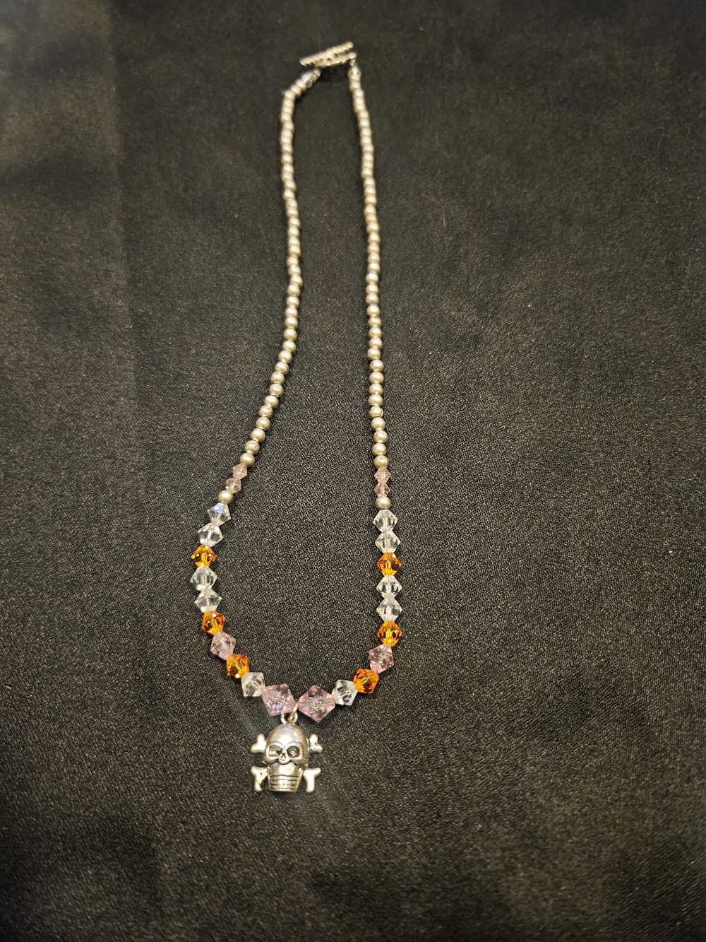 Beaded Skull Pendant Necklace in Pink, Orange and Clear